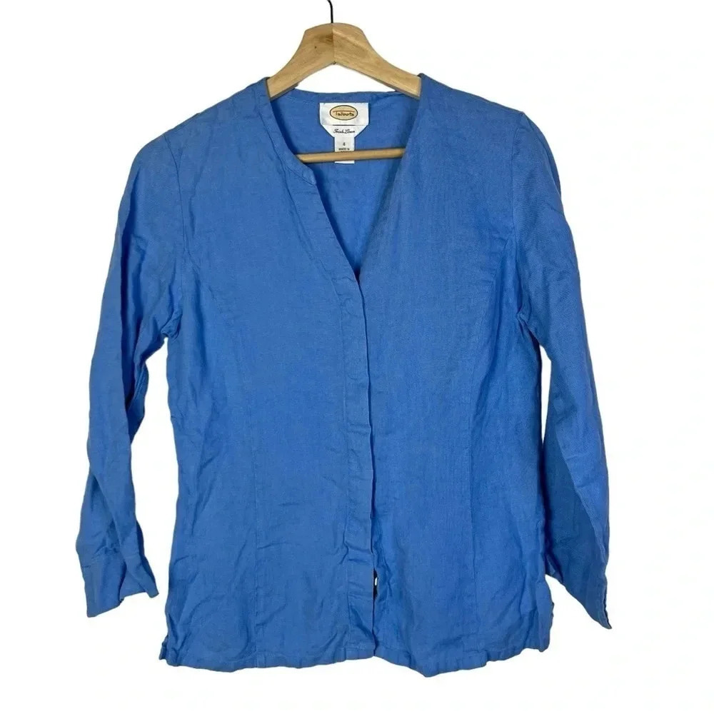 Talbots Bright Blue Irish Linen Button Down Long Sleeve Top 4